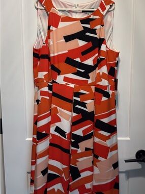 Nine West Sleeveless Abstract Midi Dress - Orange/Black/Peach/White